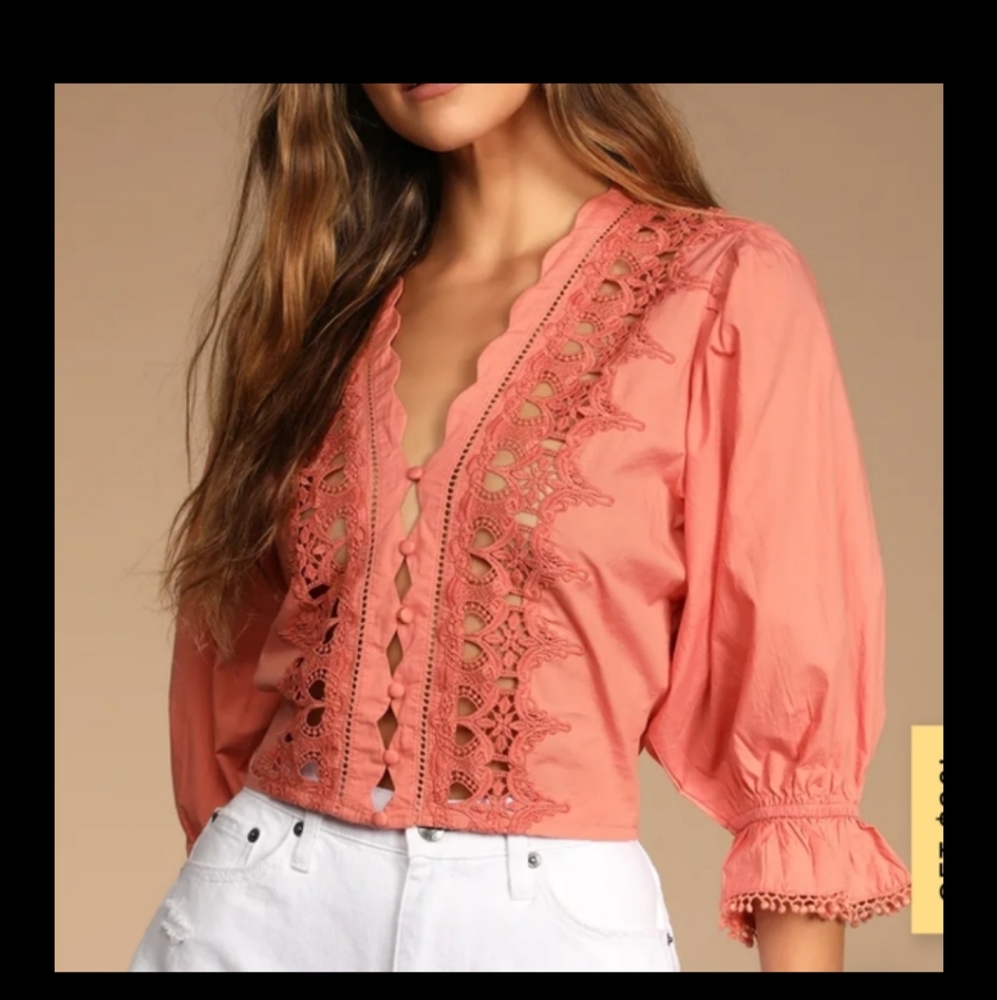 Free People Coral Lace-Trim Button Down Blouse - Picture 2 of 8